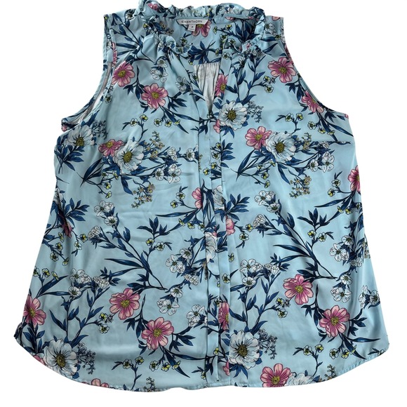 41 Hawthorn Tops - 41 Hawthorn Floral Sleeveless Blouse Blue Pink Ruffle Neck 2X Lightweight